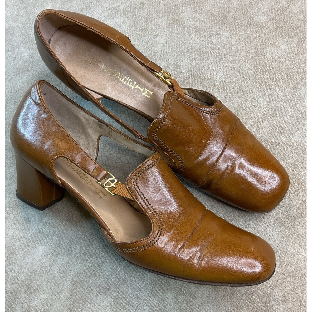 Florsheim Block Heel Pumps Womens 8 M Brown Leather Square Toe Shoes Vintage‎